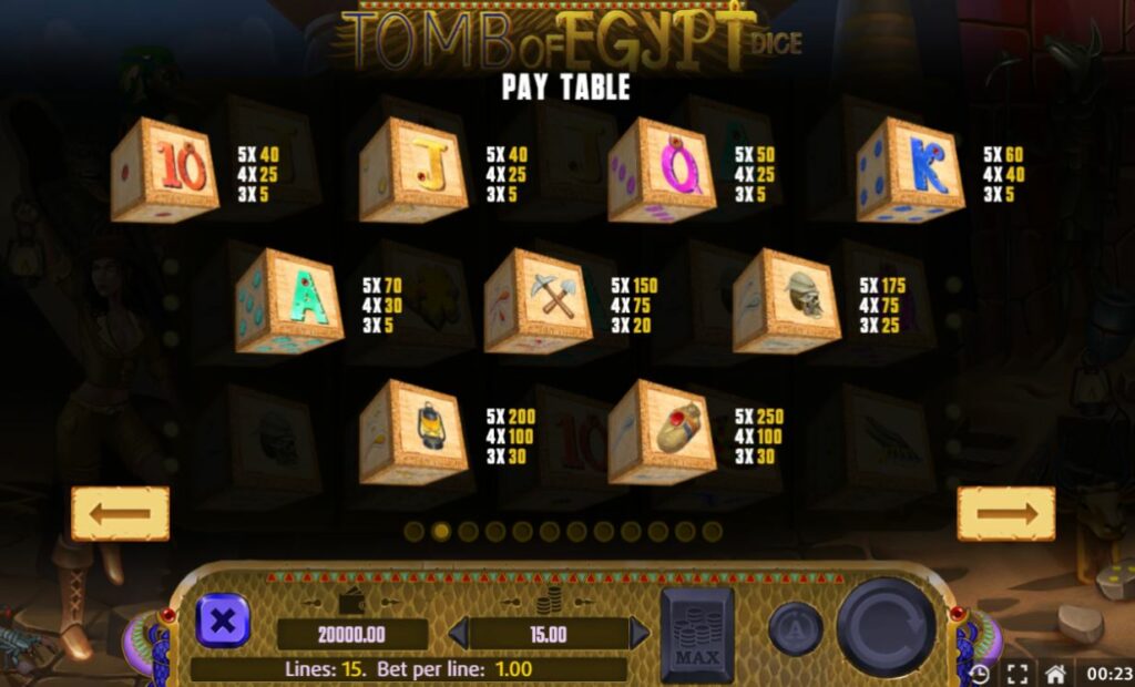 Tomb of Egypt Dice - pay table