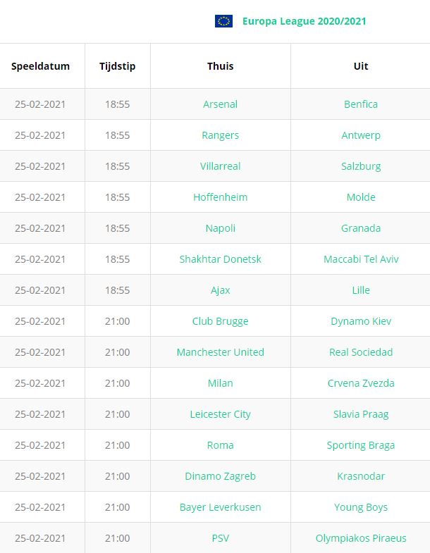 Wed op de Uefa Europa League | Wedstrijden 25/02/2021