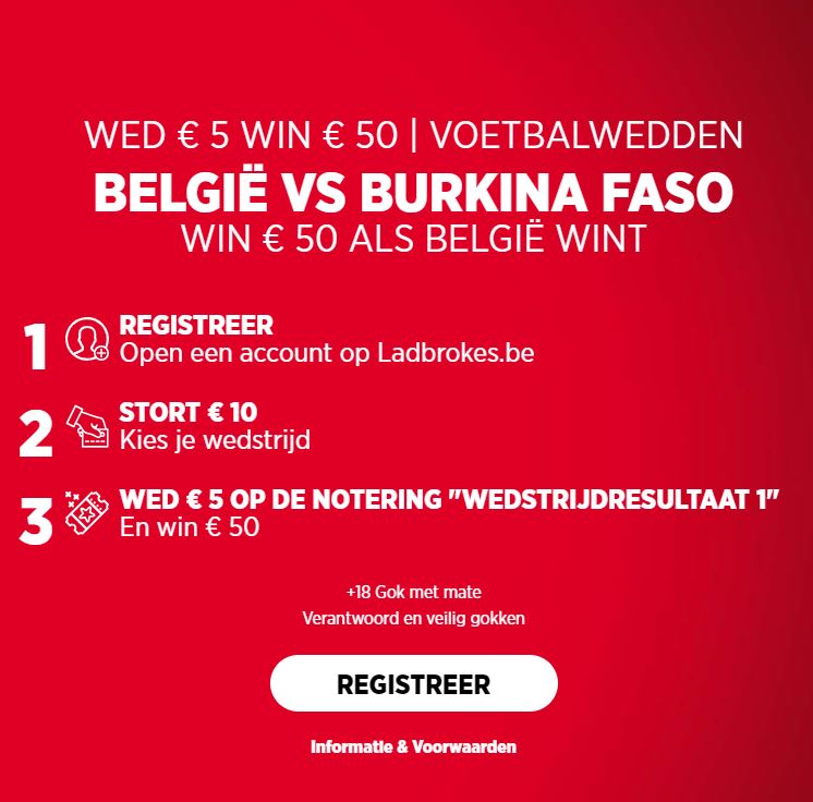 Je kan €5 inzetten en €50 EXTRA CONTANT GELD winnen als België wint op Ladbrokes.be