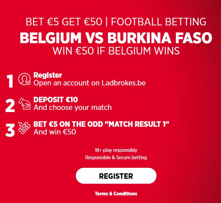 You can bet €5 and win €50 EXTRA CASH if Belgium wins on Ladbrokes.be