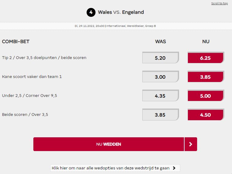 Wales - Engeland odds boost