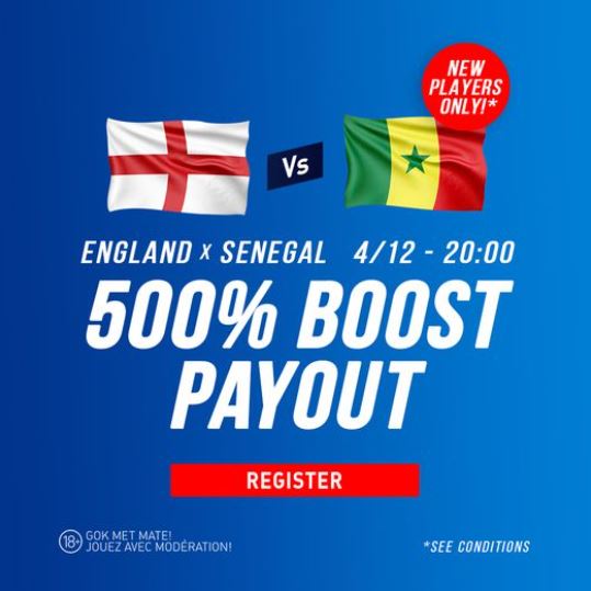 Boost je WK-match tussen Engeland en Senegal met 500%