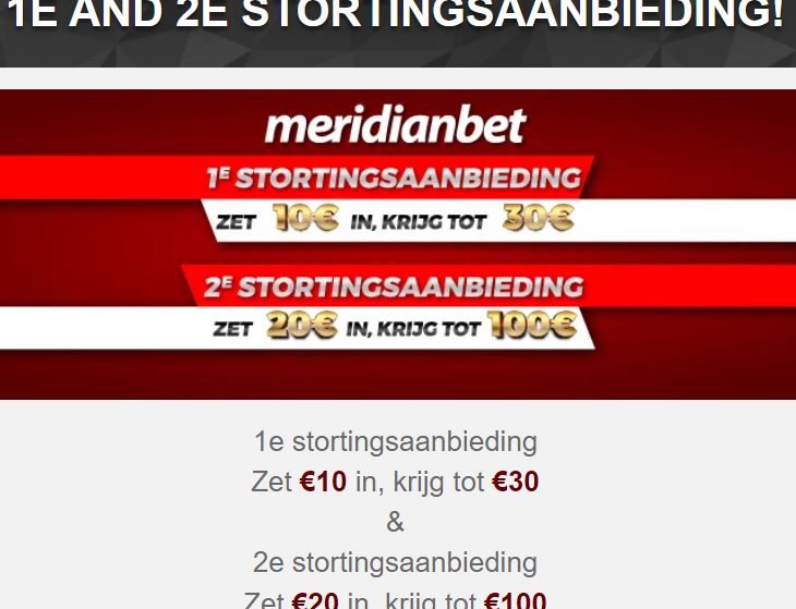 2 stortingsaanbiedingen bij Meridianbet voor nieuwe spelers